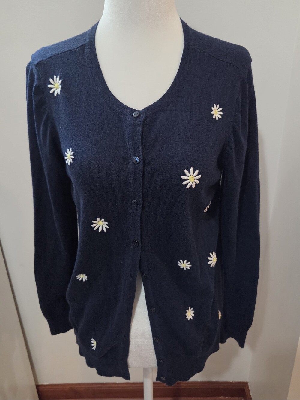 Loft Navy Blue Floral Daisy Button Down Women's Feminine Cotton Cardigan Medium